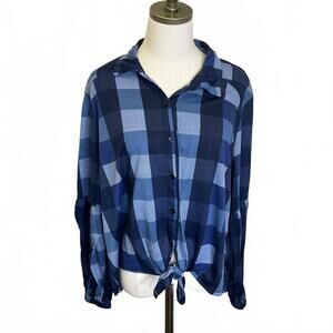 French Laundry Women's Size XL Blue Tie Front Long Sleeve Button Down Shirt Top